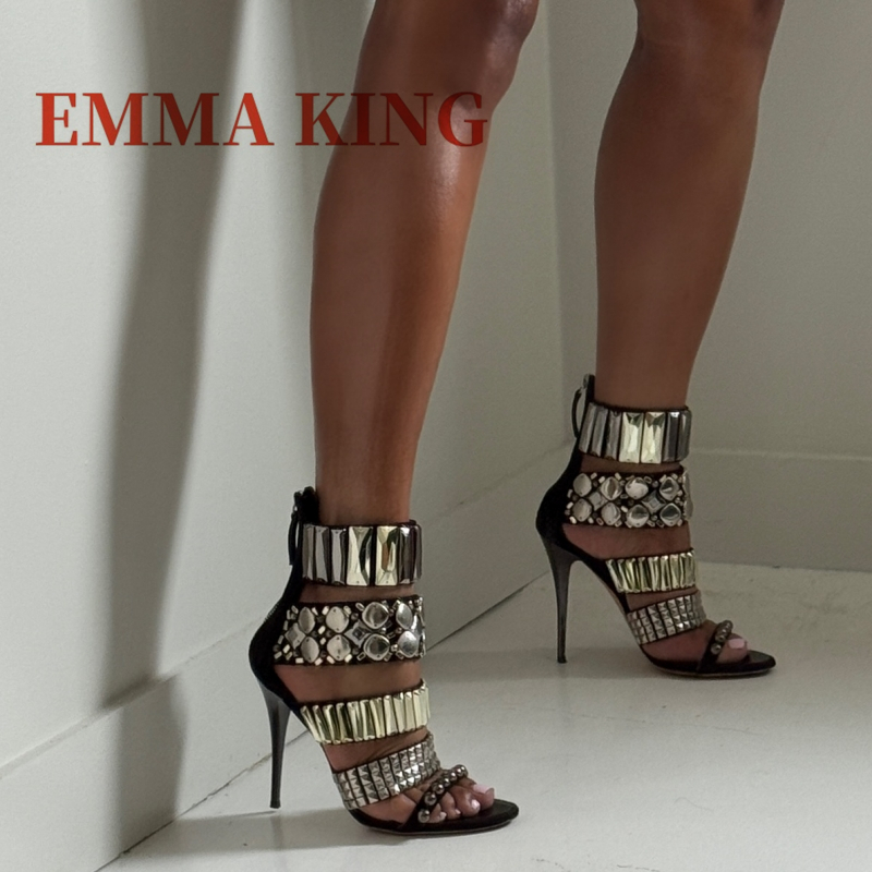 Ankle Strap Heels - Preto embelezado tornozelo cinta sandálias verão