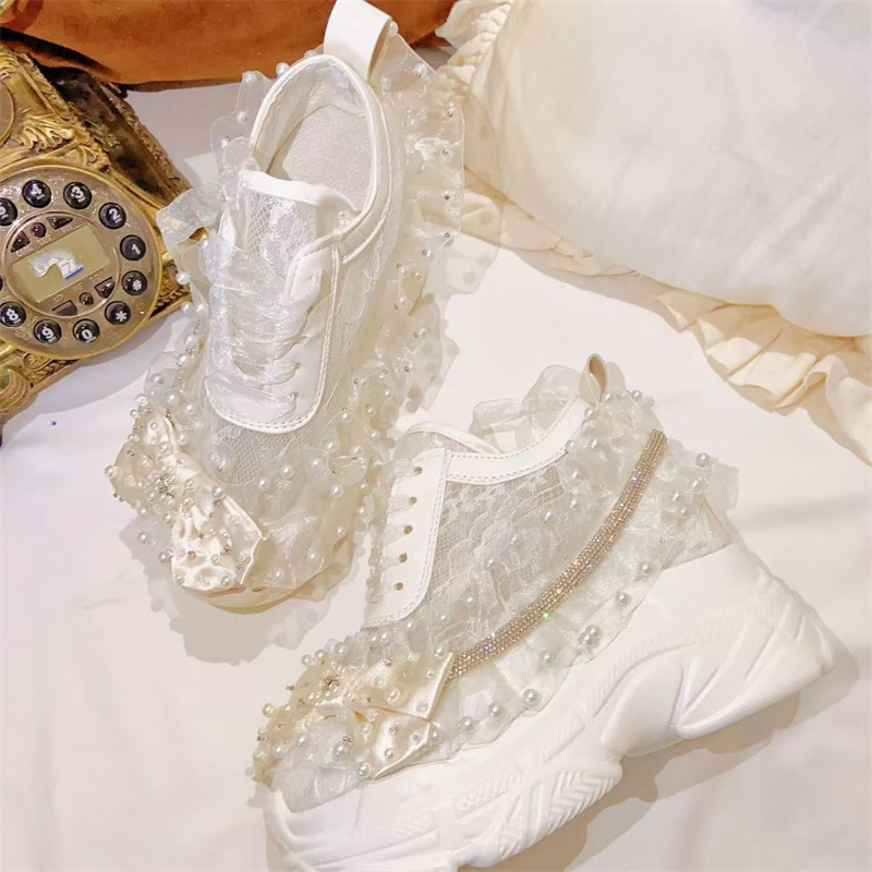 Women'S Shoes Hands Free - Fundo grosso laço fita strass pérola