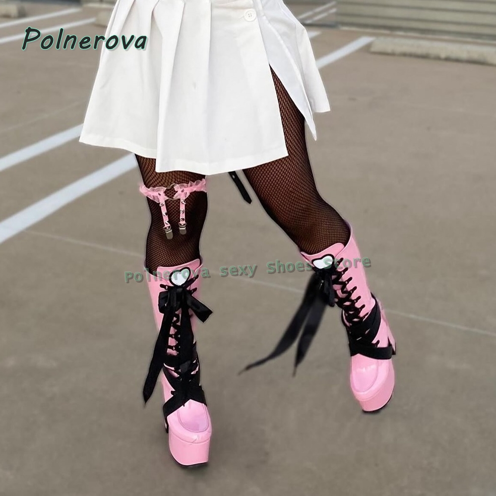 Women'S Shoes Y2K - Botas Femininas Rosa de Plataforma Cano