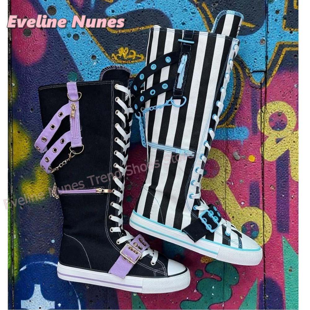 Botas de lona listradas gótica - Women'S Shoes Y2K avaliação e preço